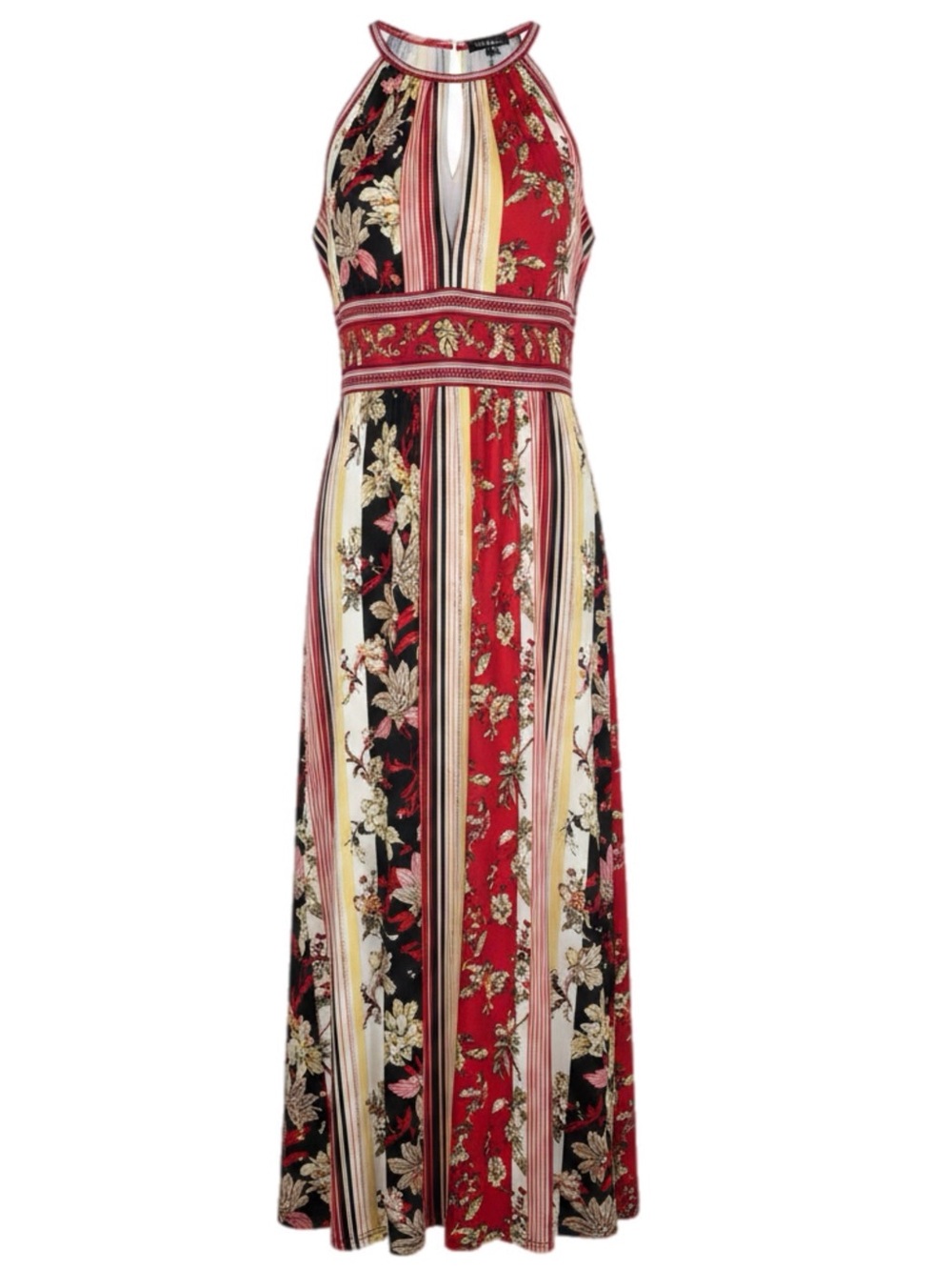 Striped Floral Halter Maxi Dress - Red Multi
